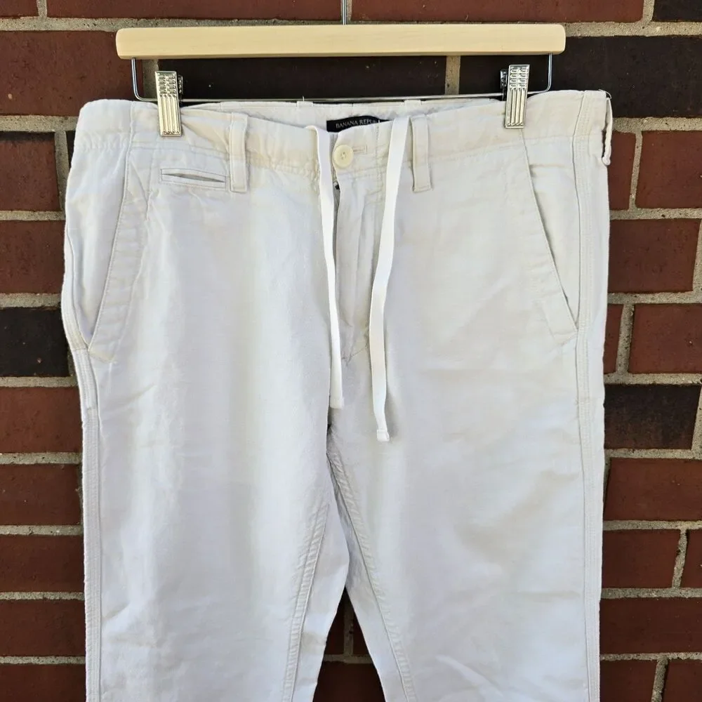 Banana Republic Mens Linen Cotton Pants Straight Fit 31 X 30 Drawstring Ivory